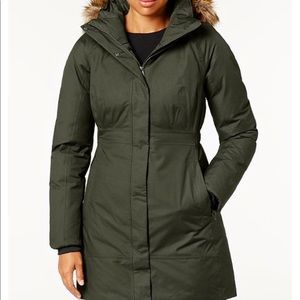 North Face Taupe Green Faux Fur Hooded Down Coat